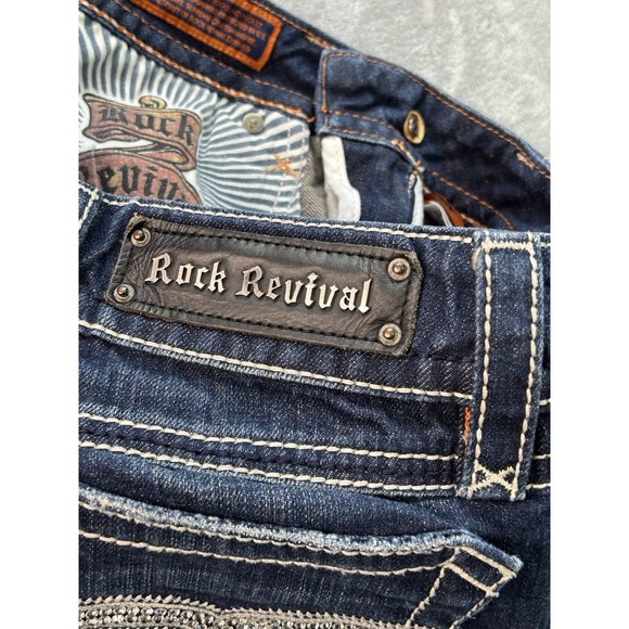 Rock Revival Jeans Womens Sz 29 Blue Leona Boot Mid Rise Thick Stitch Short Read - Picture 11 of 16